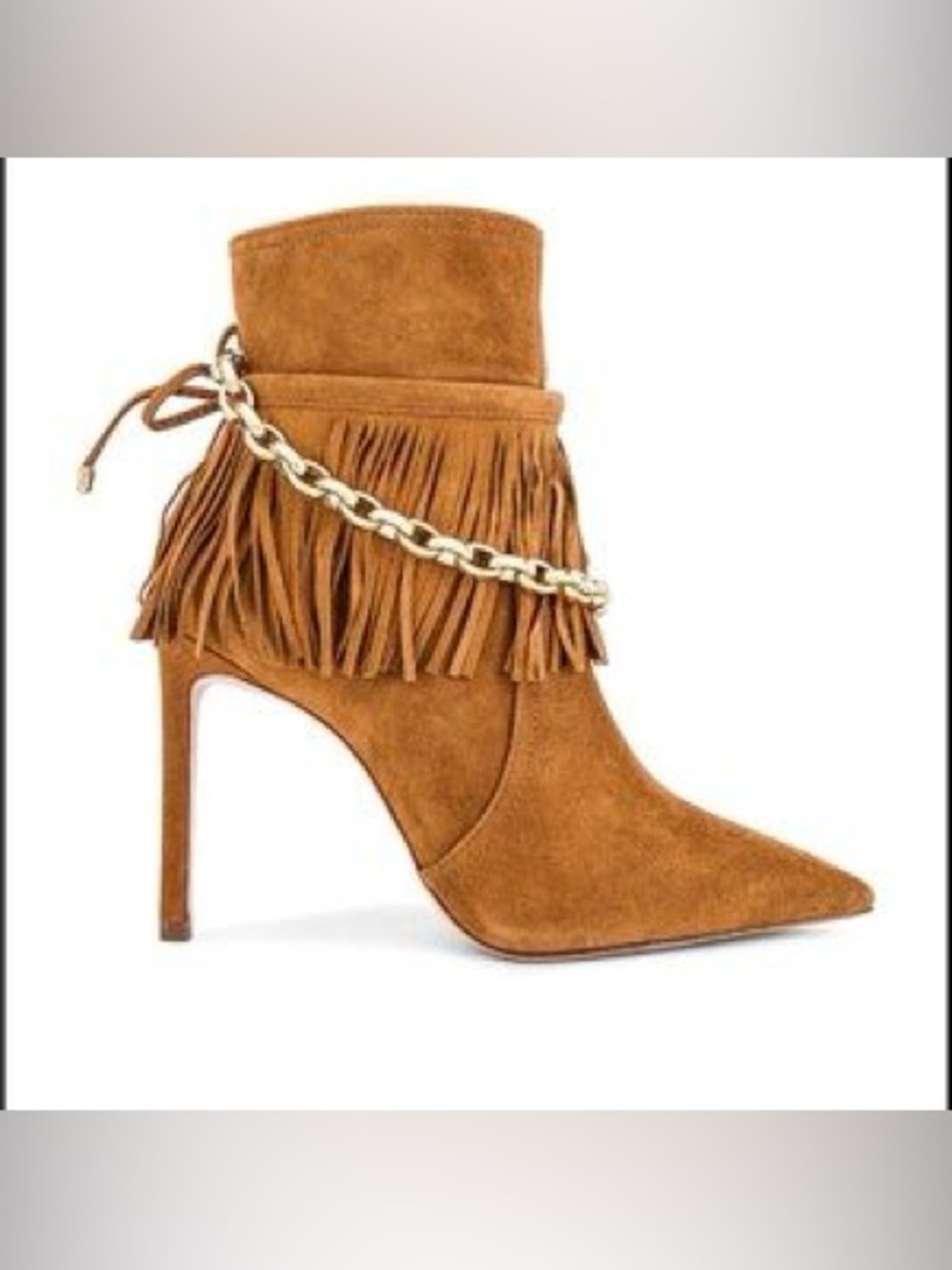 SCHUTZ | Women's Fringe Suede Ankle Boots with Chain Accent - Tan